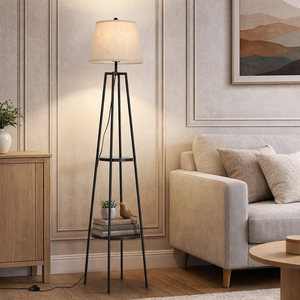 Floor Lamp With Fabric Shade Standing Light And Display Shelf Home Decor