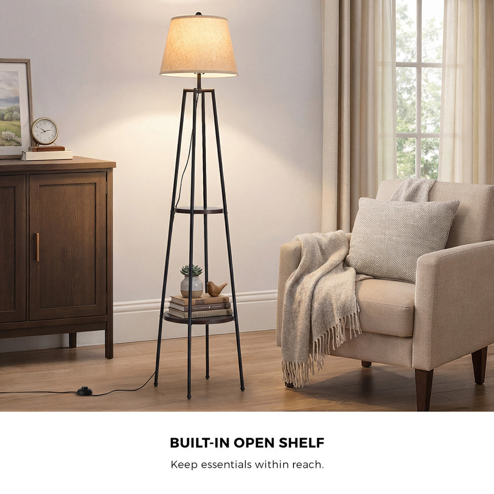 Floor Lamp With Fabric Shade Standing Light And Display Shelf Home Decor