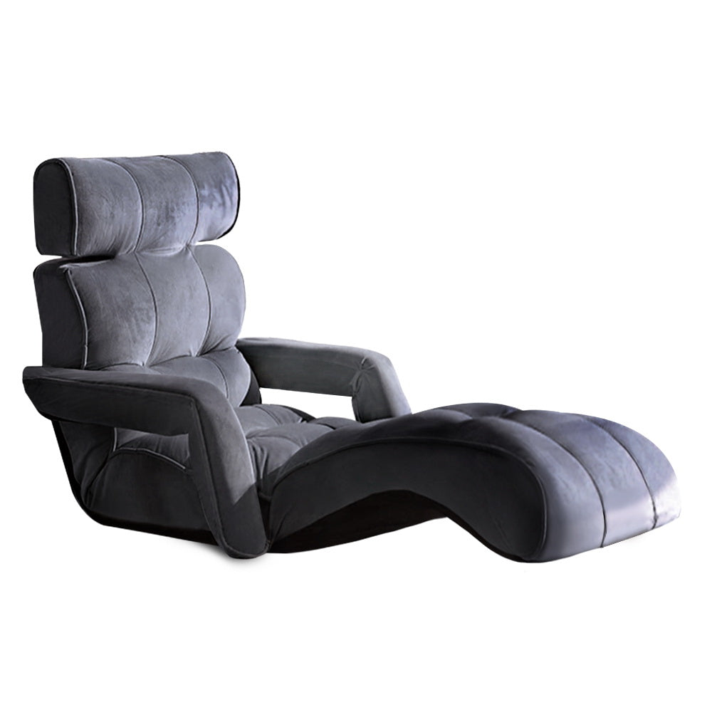 Floor Lounge Sofa With Armrest Flocking Fabric Charcoal | Artiss Adjustable Arms Arm