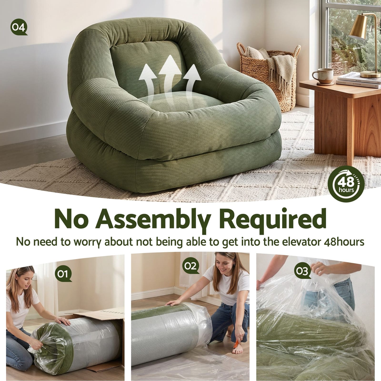 Green Corduroy Armchair Recliner 89x108x58cm
