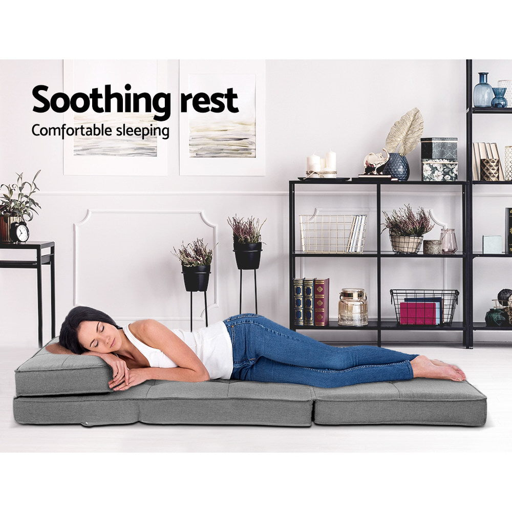 Grey Fabric Floor Lounge Sofa Bed Foldable Design