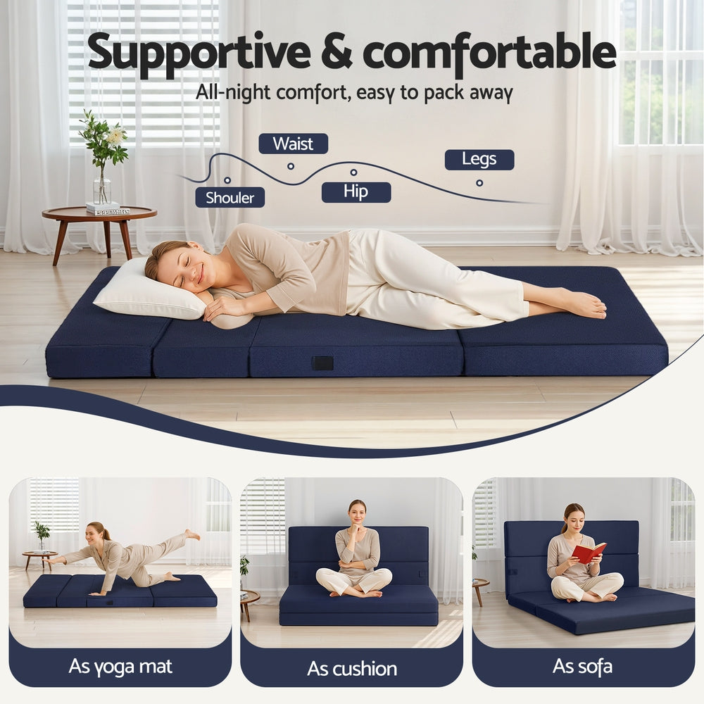 Blue colour - Foldable Mattress Folding Foam Mattresses Portable Floor Mat Blue Double