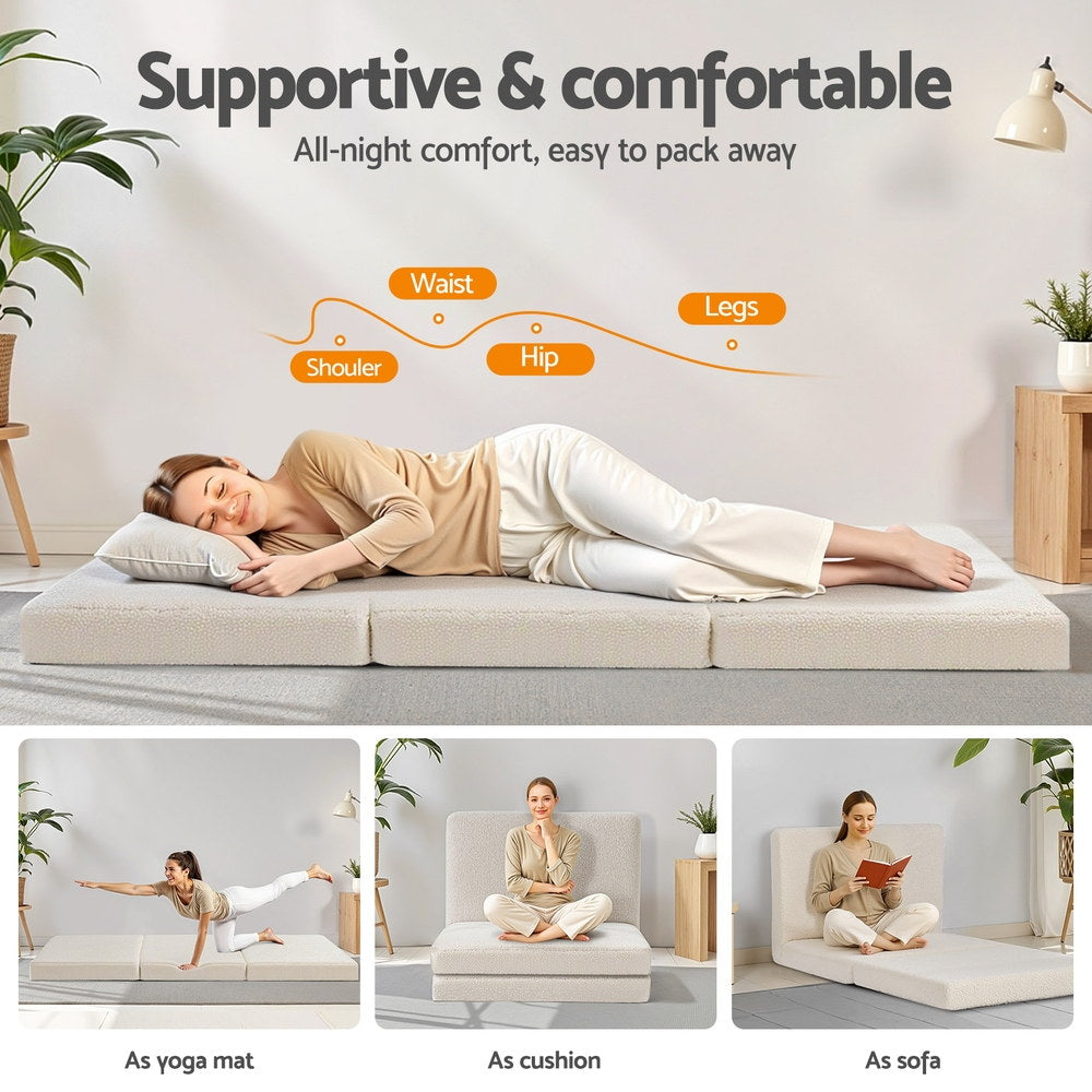 Foldable Mattress Fleece Portable 3-fold Folding Foam Mattresses with Single Mattress