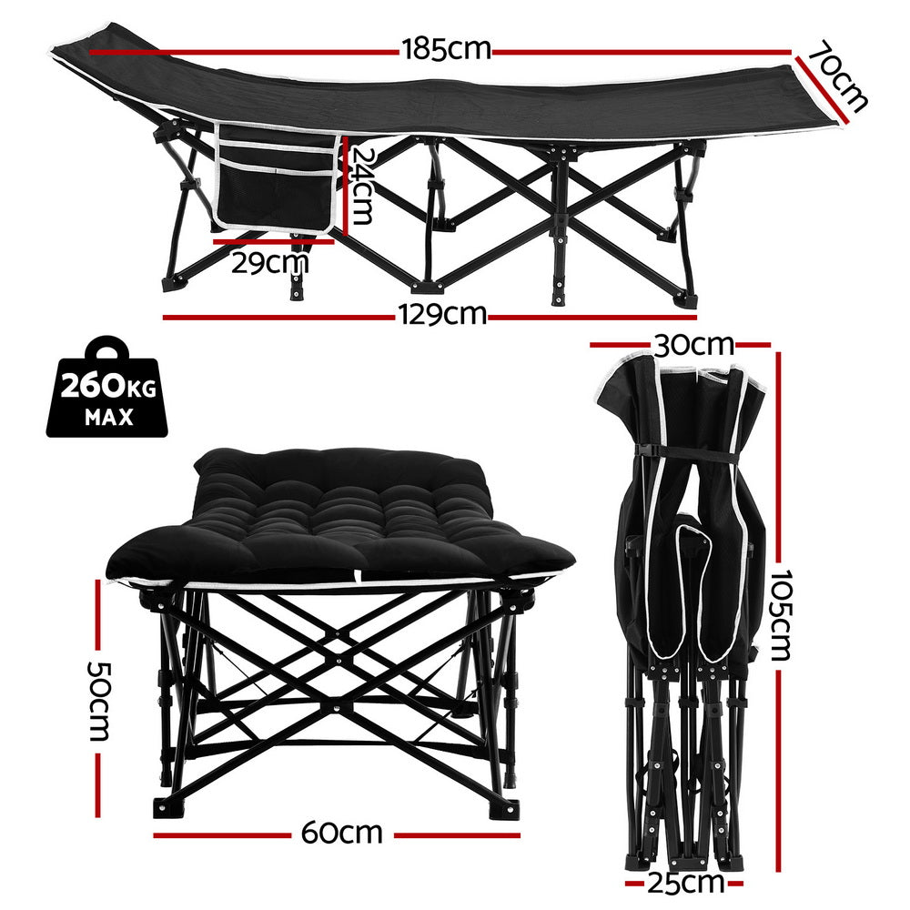 Folding Bed With Mattress Heavy Duty Black 185Cm Fabric Upholstery | Black colour