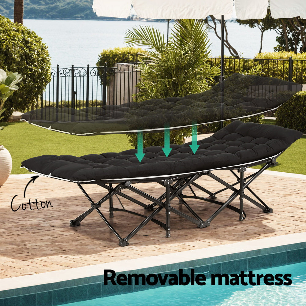 Black colour - Folding Bed With Mattress Heavy Duty Black 185Cm Fabric Upholstery