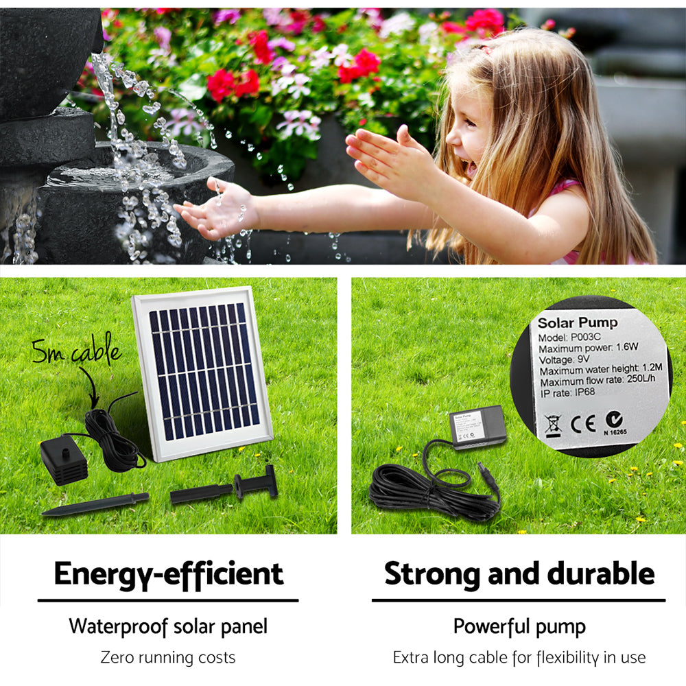 Solar Water Feature Cascading Fountain 3-Tier Bowl LED Lights 60CM Blue