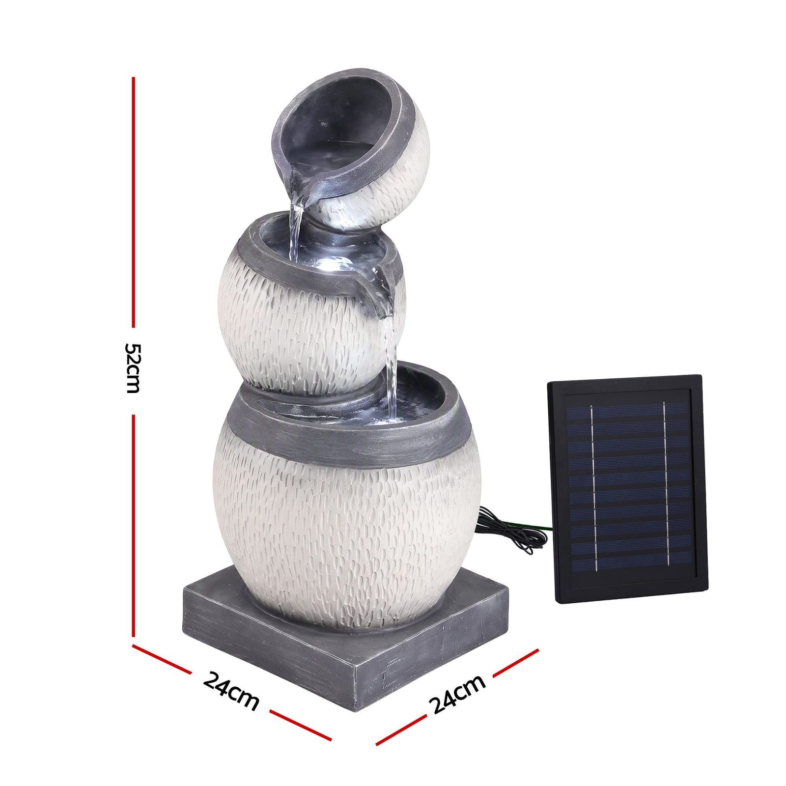 Solar Fountain 3 Tier Water Feature Grey 24x24x52cm