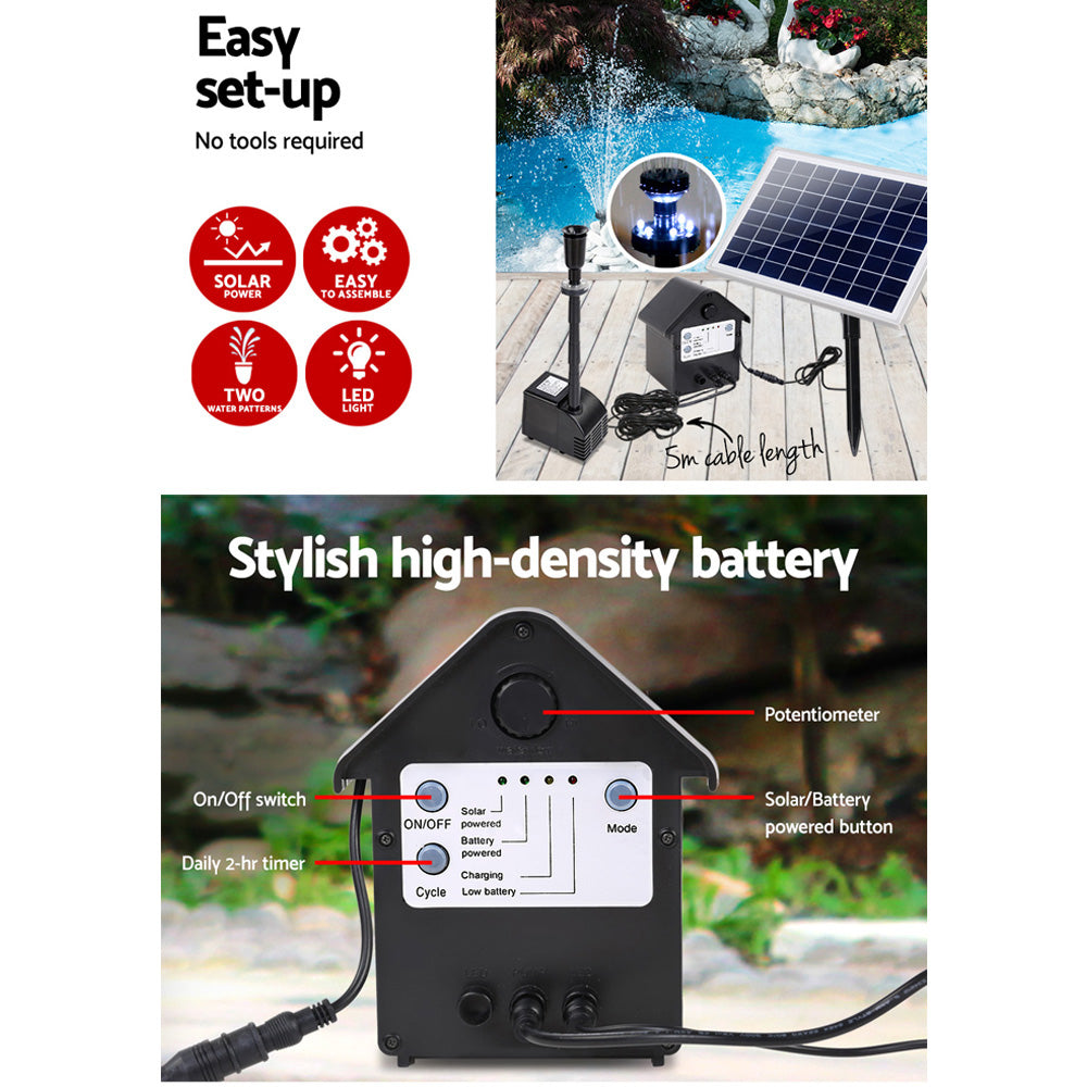 Solar Fountain Pump Kit With Battery & LED Lights 6.6Ft Water Feature