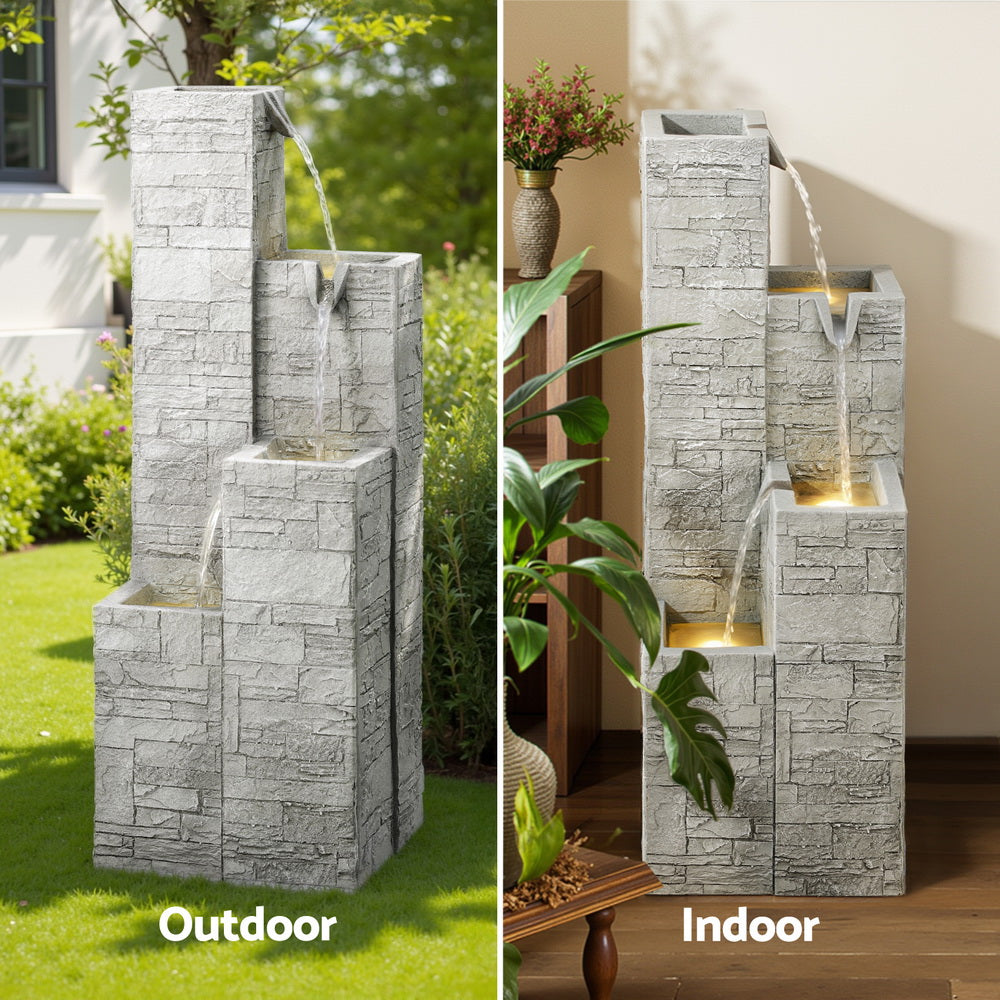 Gardeon Solar Fountain Water Feature Outdoor Indoor 4-Tier Square Cascading Beige, Fountain & Ponds Accessories