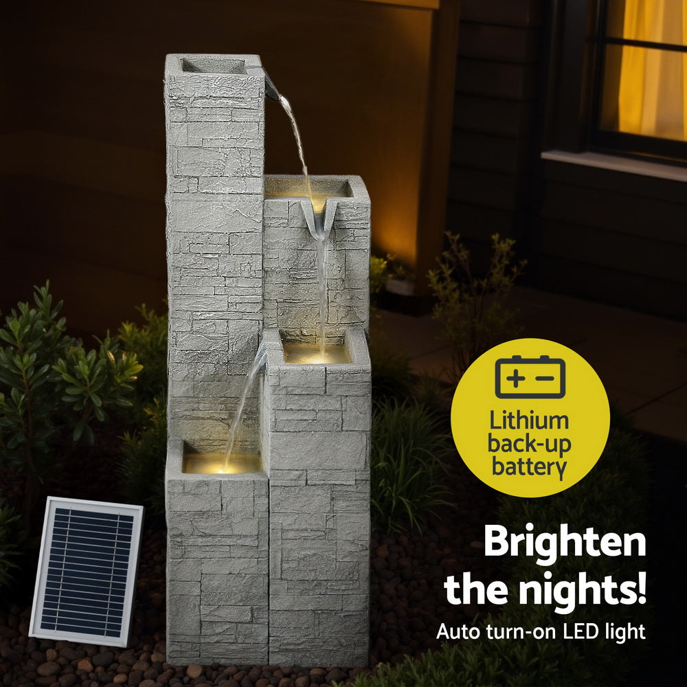 Gardeon Solar Fountain Water Feature Outdoor Indoor 4-Tier Square Cascading Beige, Beige colour