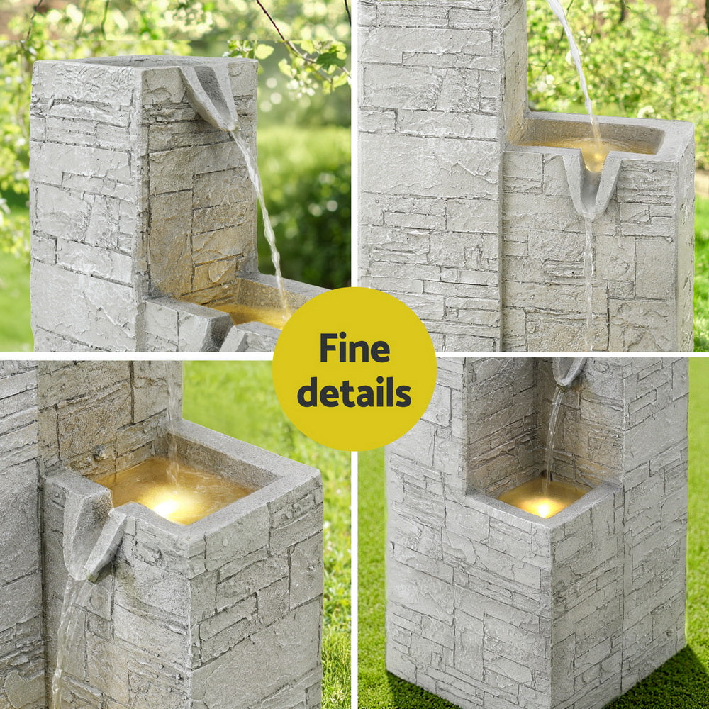 Gardeon Solar Fountain Water Feature Outdoor Indoor 4-Tier Square Cascading Beige with Fountain & Ponds Accessories