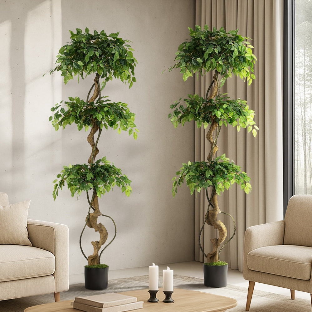 Artificial Ficus Tree 2 Pack 180cm Twisted Potted Plant Indoor Décor