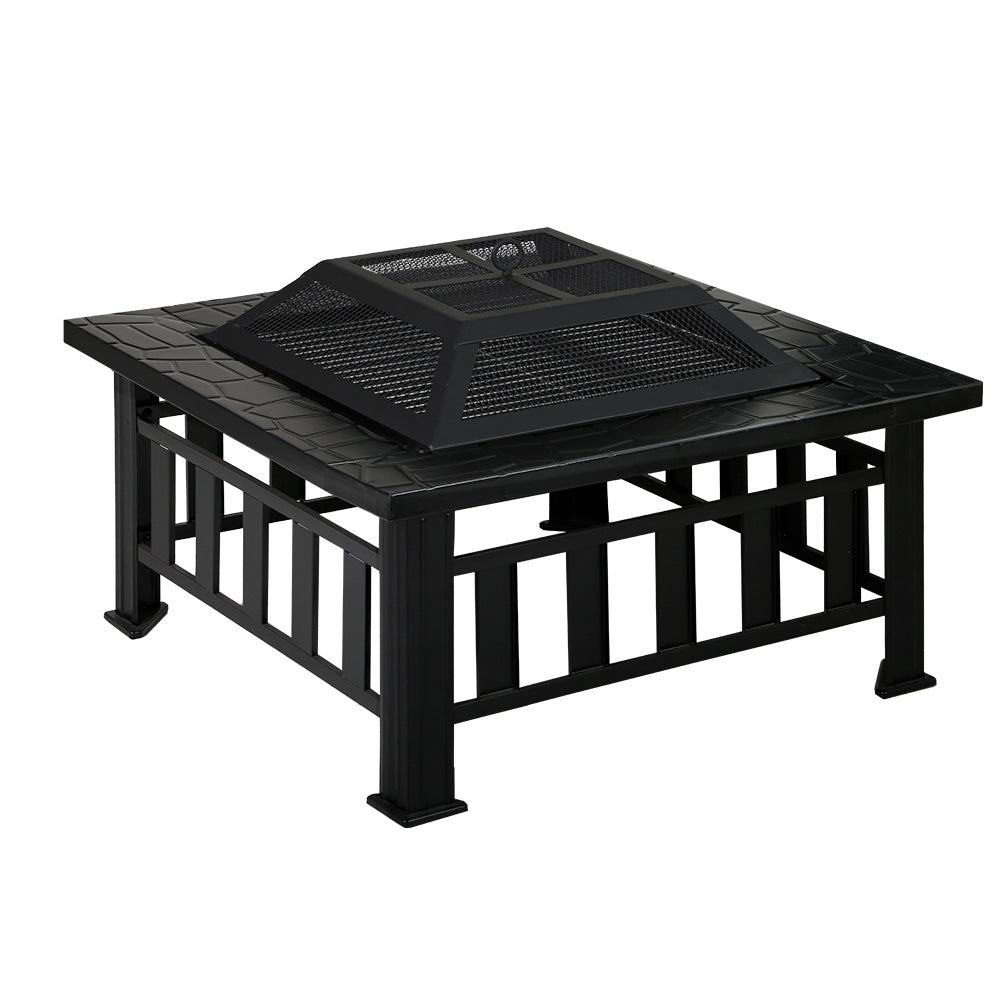 2-in-1 Fire Pit BBQ Grill Table Outdoor Heater Patio Steel Square 81cm