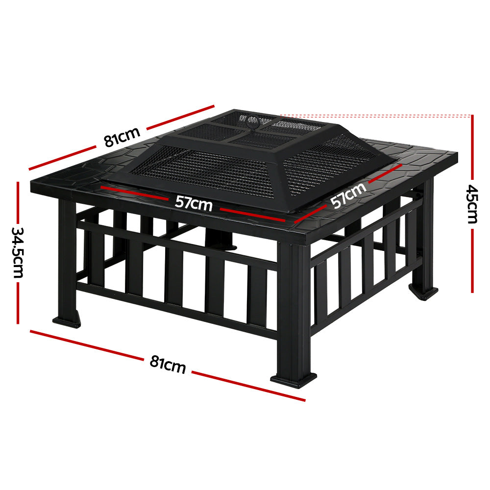 2-in-1 Fire Pit BBQ Grill Table Outdoor Heater Patio Steel Square 81cm