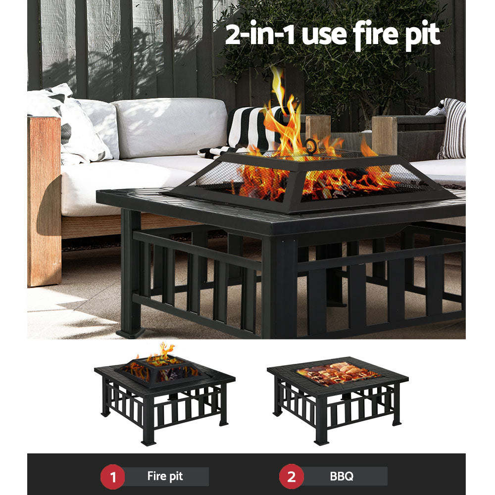 2-in-1 Fire Pit BBQ Grill Table Outdoor Heater Patio Steel Square 81cm