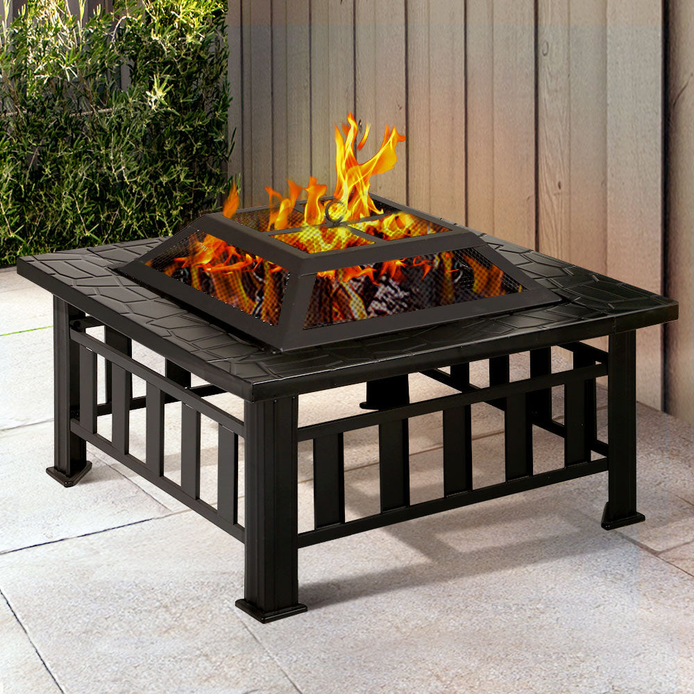 2-in-1 Fire Pit BBQ Grill Table Outdoor Heater Patio Steel Square 81cm