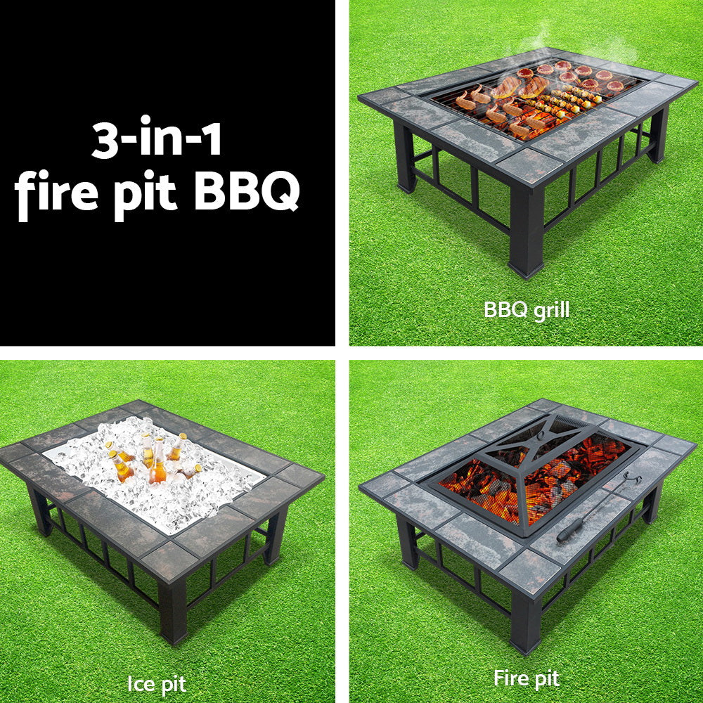 Fire Pit BBQ Grill Ice Bucket Table 3-in-1 Outdoor Multifunction