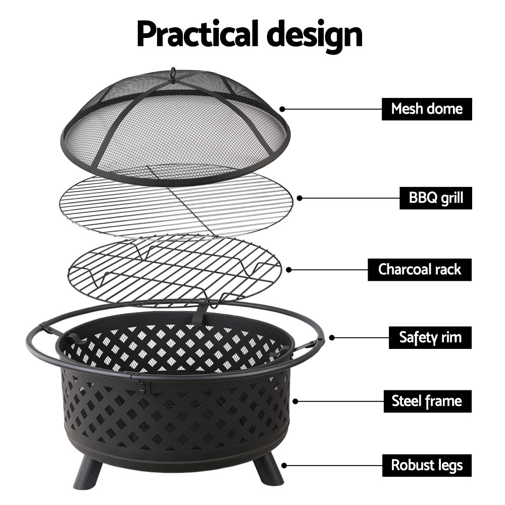 76cm Fire Pit BBQ Grill Outdoor Charcoal Heater Patio Garden Stove