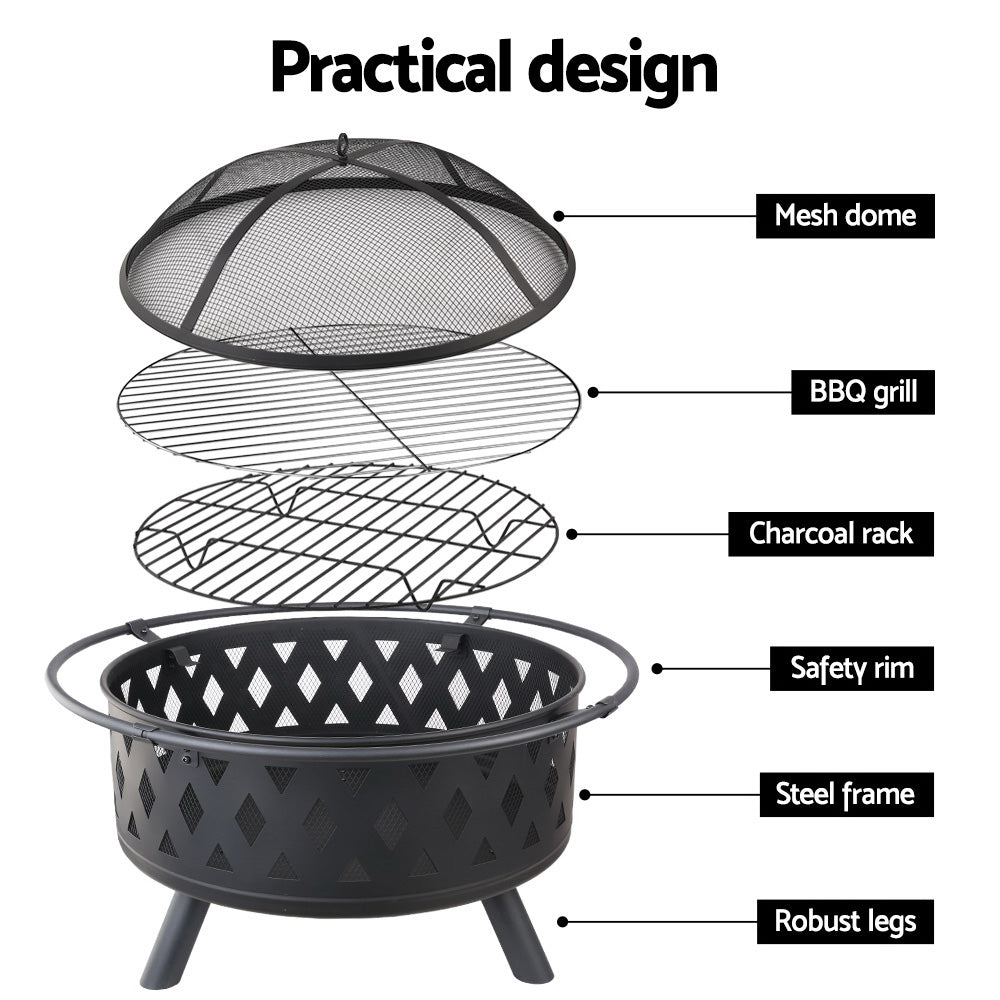 82cm Fire Pit with BBQ Grill Outdoor Wood Burner for Patio & Camping