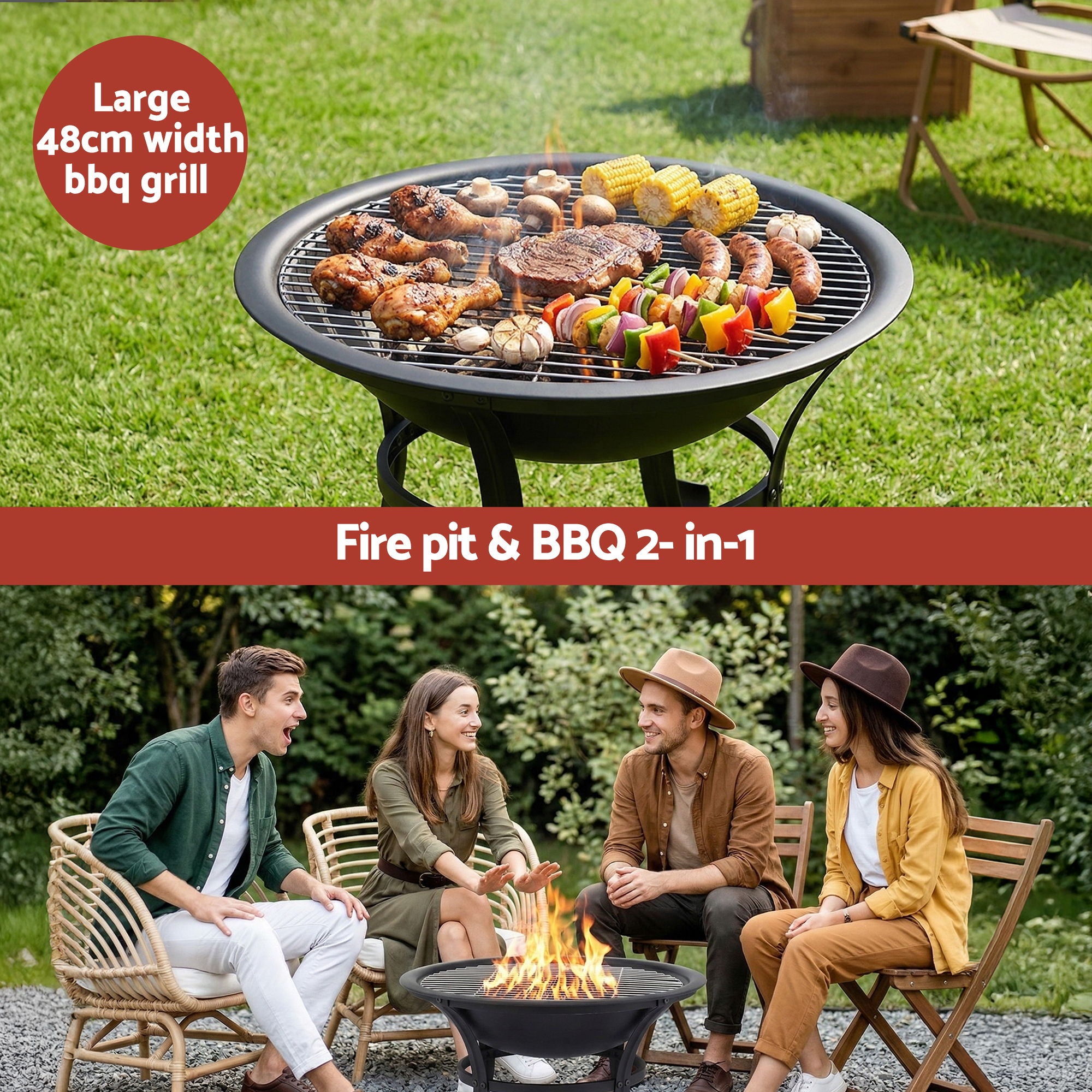 Fire Pit with BBQ Grill Mesh Lid Wood Burning Outdoor Patio Firepit