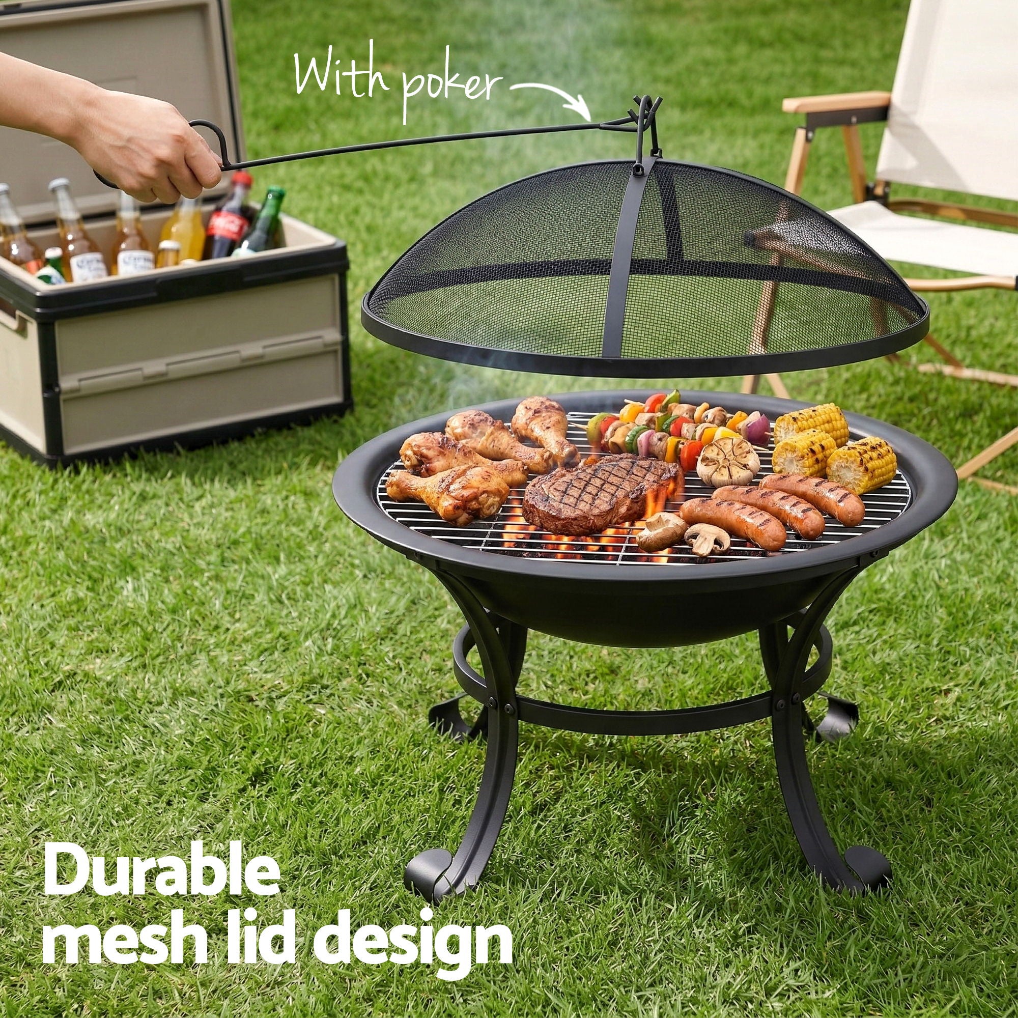 Fire Pit with BBQ Grill Mesh Lid Wood Burning Outdoor Patio Firepit