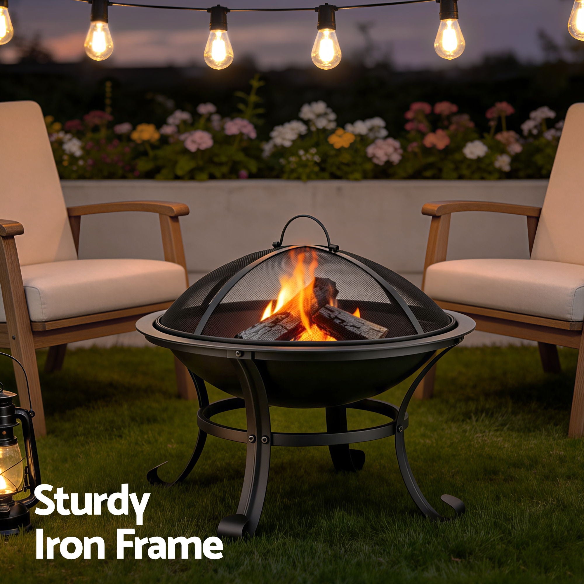 Fire Pit with BBQ Grill Mesh Lid Wood Burning Outdoor Patio Firepit