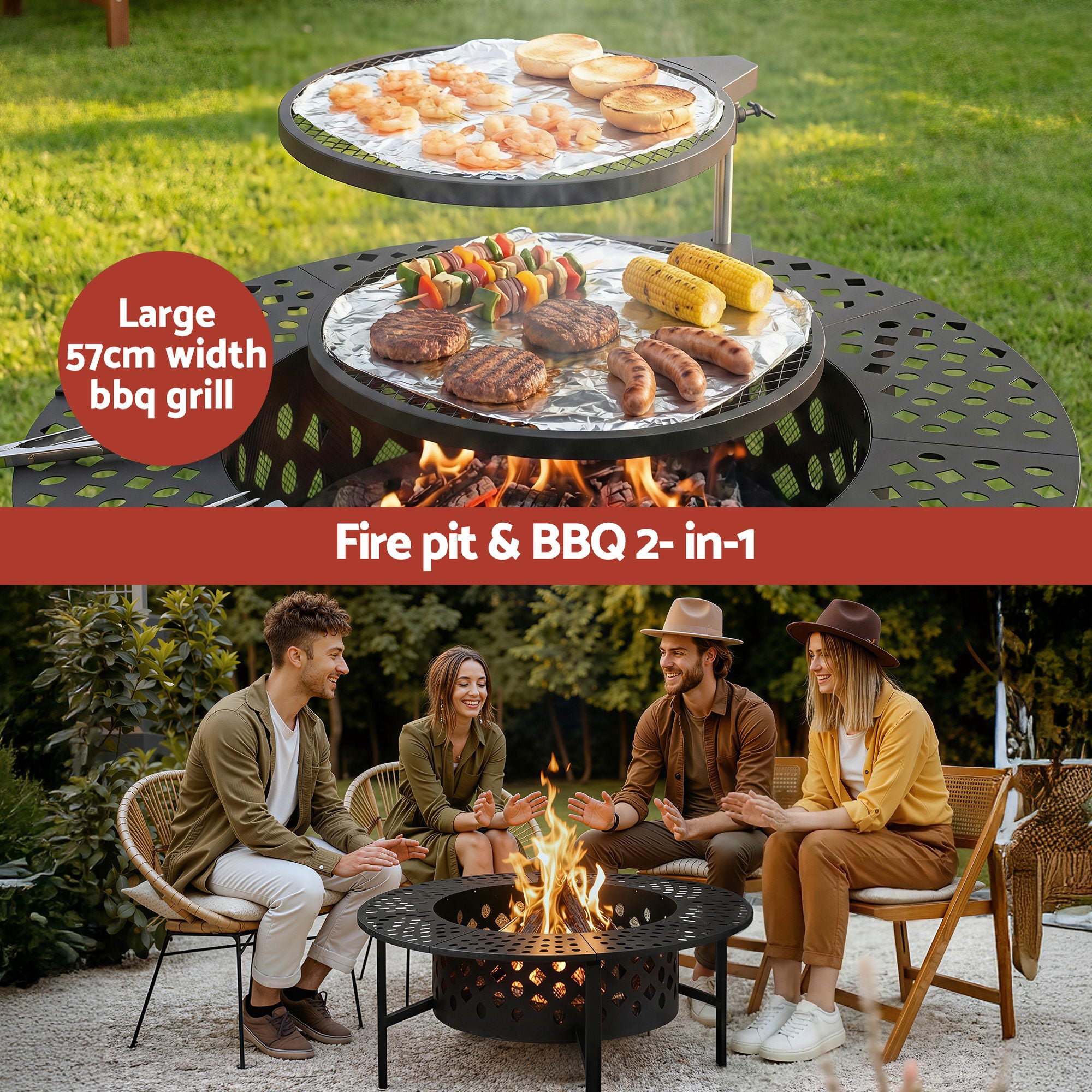 3 in 1 Fire Pit BBQ Charcoal Smoker Portable Outdoor Patio Grill