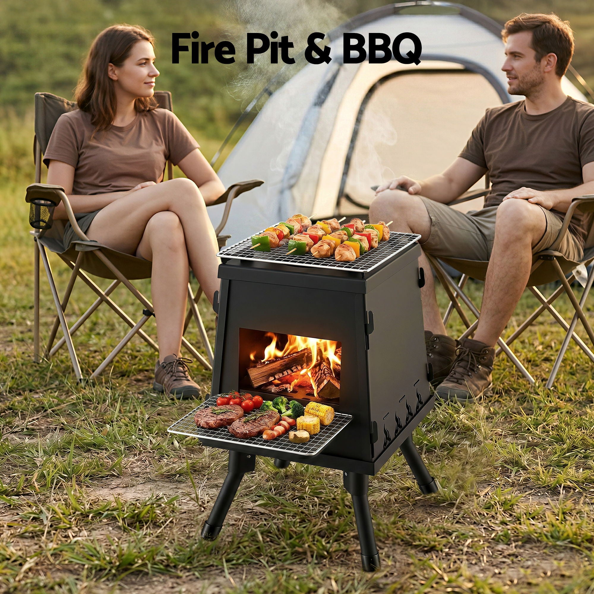 Portable Fire Pit BBQ Stove Outdoor Camping Wood Charcoal Cooking Grill