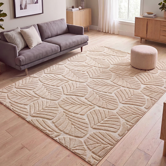 Beige Leaf Rug 200x290cm Textured Jacquard | Simpledeals