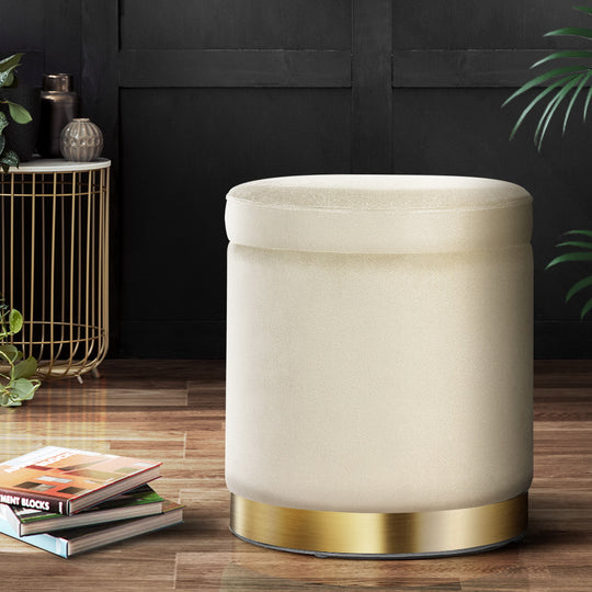 Ottoman Storage Foot Stool Round Velvet Cream - Rest Pouffe Padded Makeup