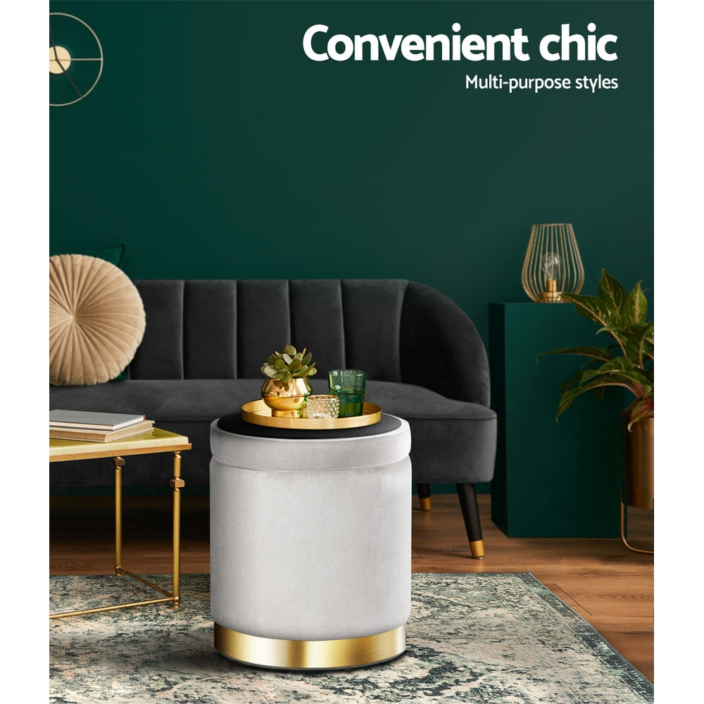 Versatile Round Velvet Ottoman Storage - Grey | Ottomans & Footstools
