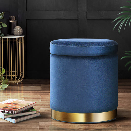 Ottoman Storage Foot Stool Round Velvet Navy - Rest Pouffe Padded Seat