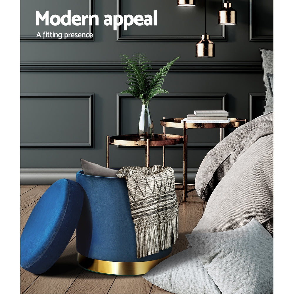 Ottoman Storage Foot Stool Round Velvet Navy, Velvet finish