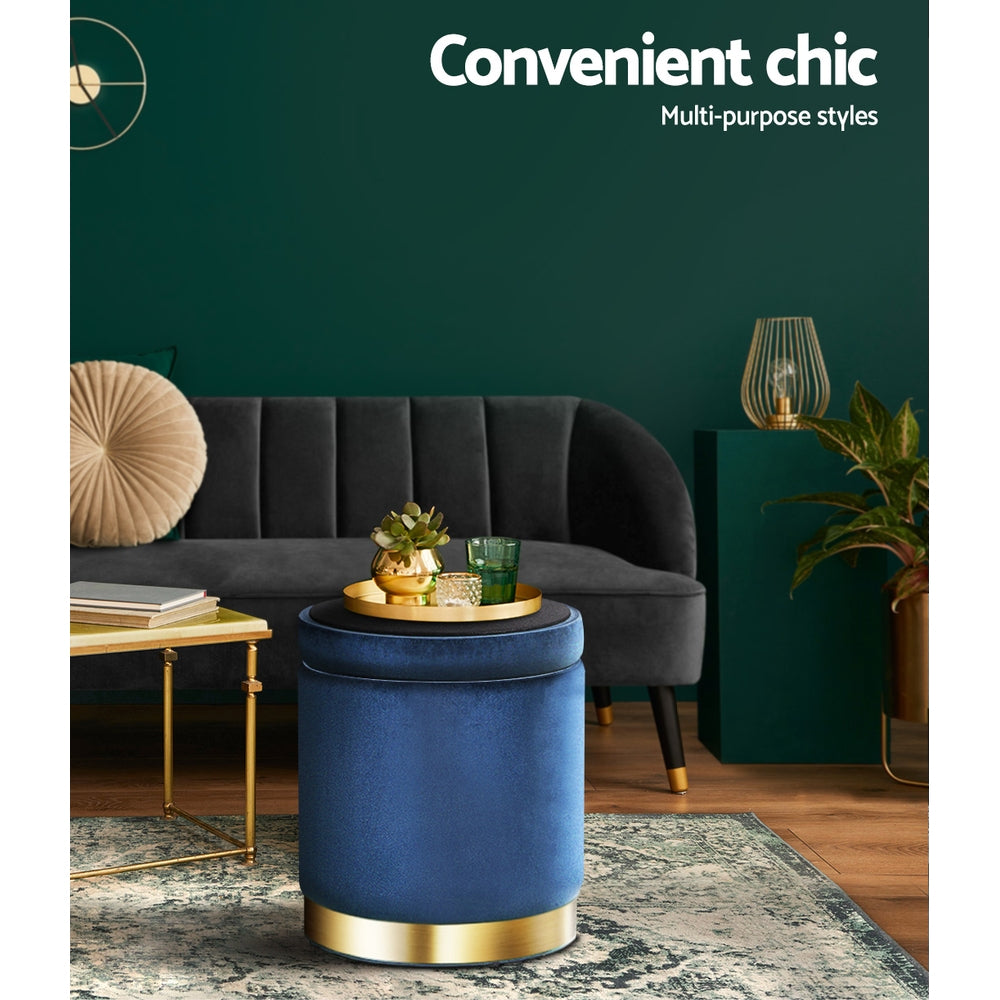 Navy colour - Ottoman Storage Foot Stool Round Velvet Navy