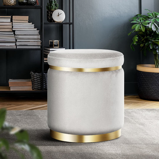 Ottoman Foot Stool Round Velvet Grey - Rest Pouffe Pouf Padded
