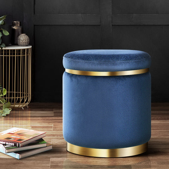 Round Velvet Ottoman Foot Stool Navy Soft Seat - Rest Pouffe Pouf Padded