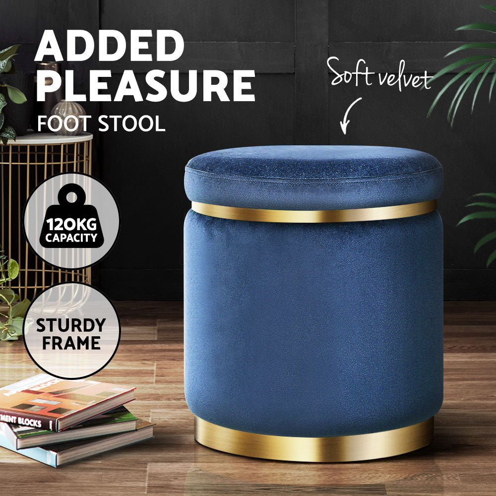 Round Velvet Ottoman Foot Stool Navy Soft Seat
