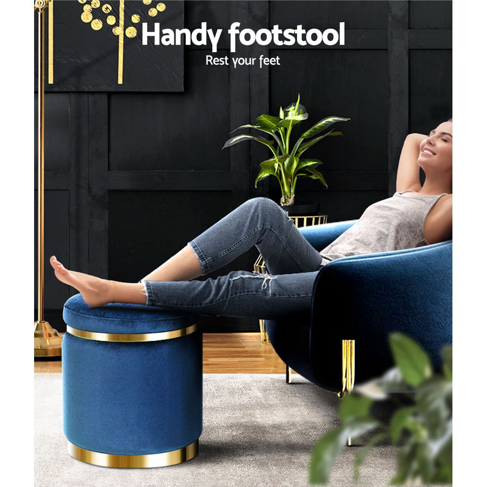 Round Velvet Ottoman Foot Stool Navy Soft Seat