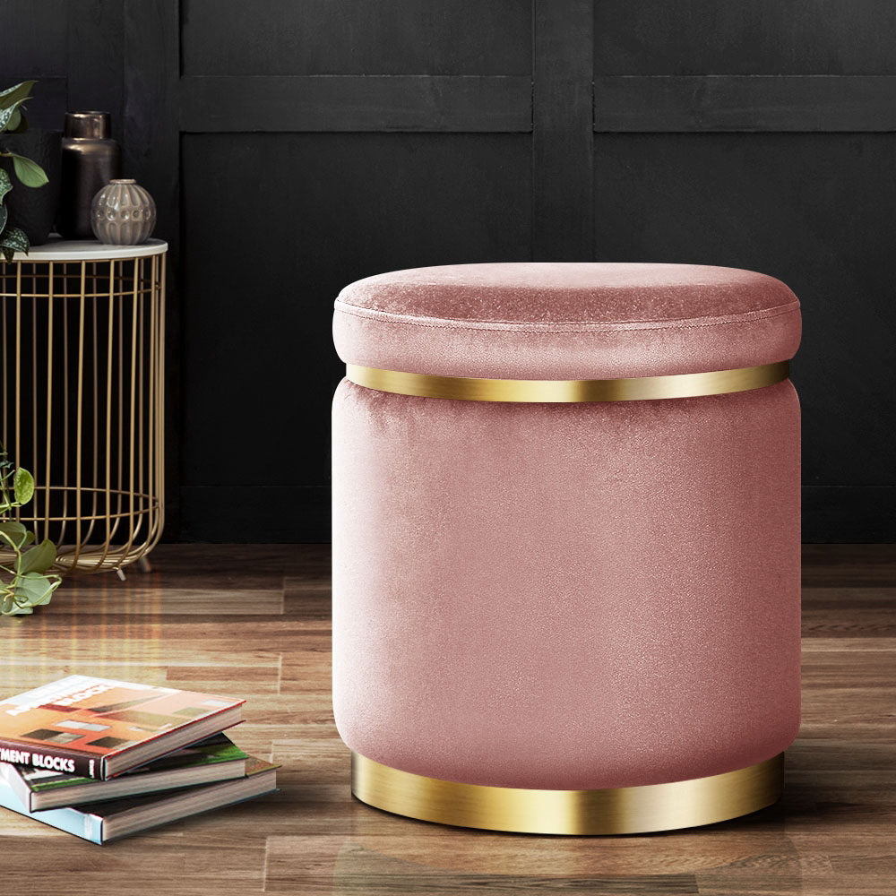 Round Velvet Ottoman Foot Stool Pink Soft Seat