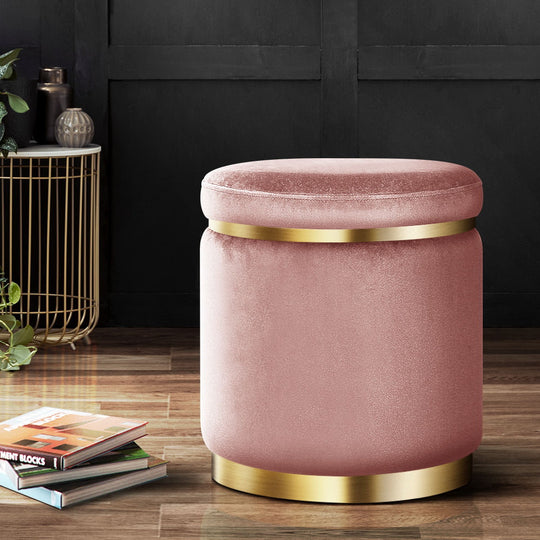 Round Velvet Ottoman Foot Stool Pink Soft Seat - Rest Pouffe Padded Pouf