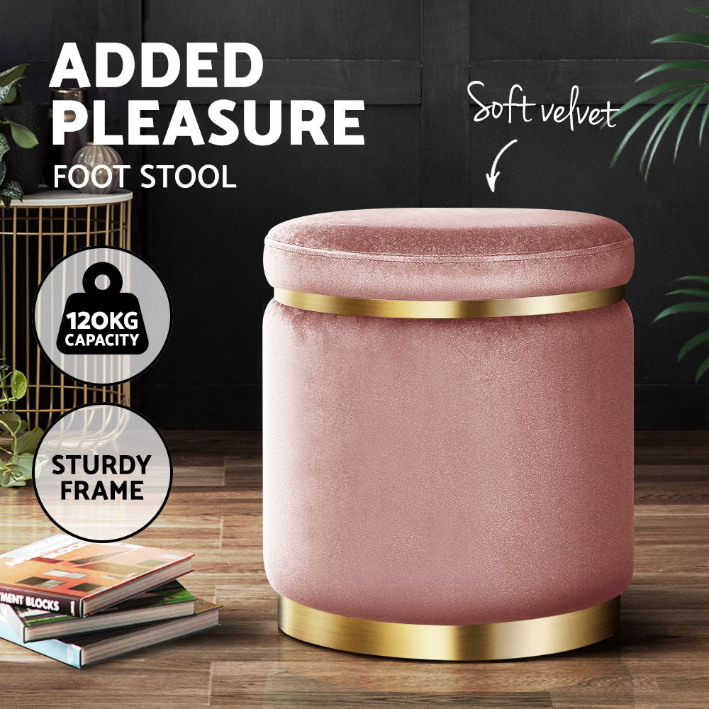 Round Velvet Ottoman Foot Stool Pink Soft Seat