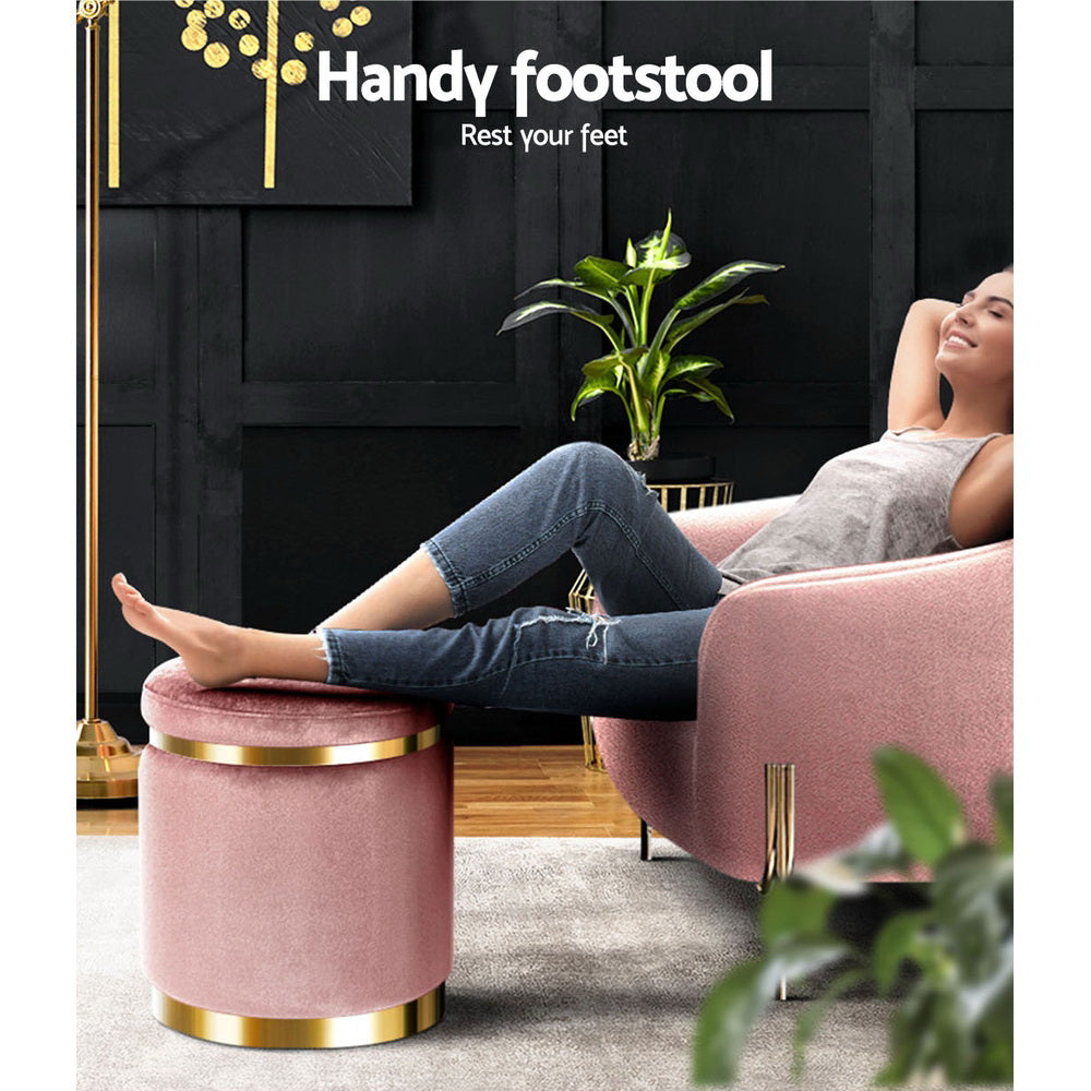 Round Velvet Ottoman Foot Stool Pink Soft Seat