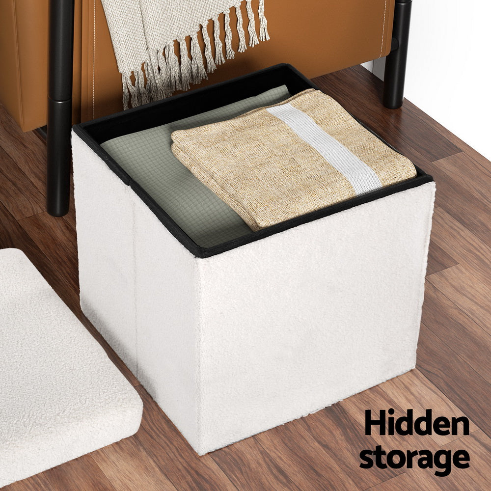 Ottoman Storage Foot Stool Square Teddy Fabric White | Ottomans & Footstools