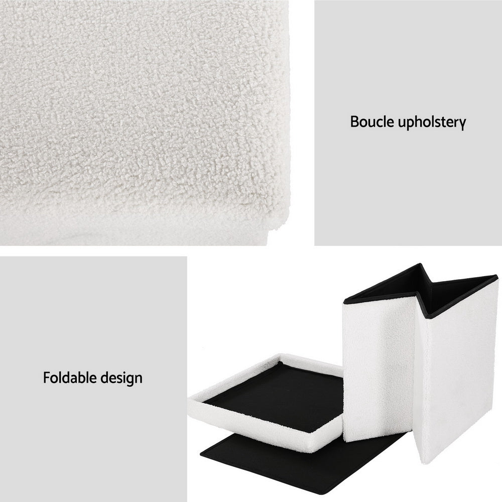 Ottoman Storage Foot Stool Square Teddy Fabric White | White colour