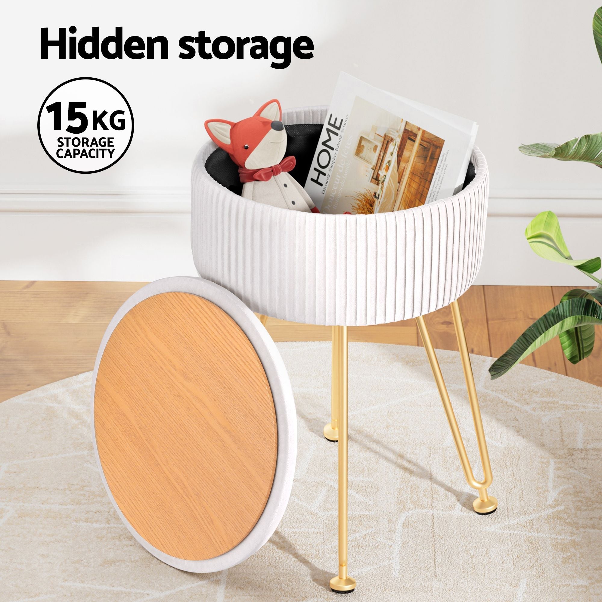 Ottoman Storage Foot Stool Vanity Velvet Round White | Ottomans & Footstools