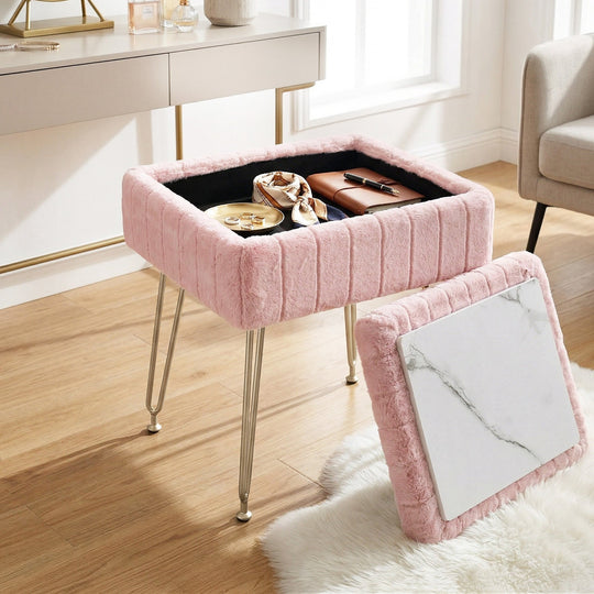 Pink Storage Ottoman Faux Fur Foot Stool