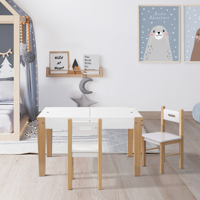 3Pcs Kids Table And Chairs Set Storage Toys Play Activity Desk Chalkboard - Artiss Chair White Natural