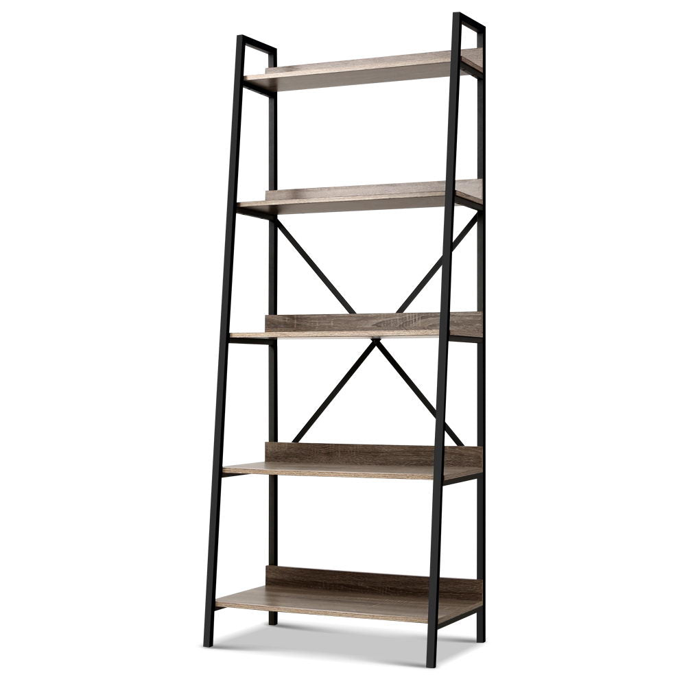 Bookshelf 5 Tiers - Nor Black And Oak - Metal Bookcase Display Storage
