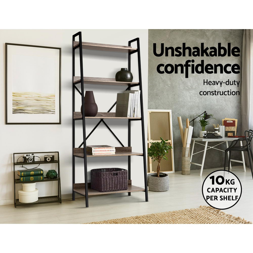 Metal Bookcase Display Storage - Bookshelf 5 Tiers - Nor Black And Oak