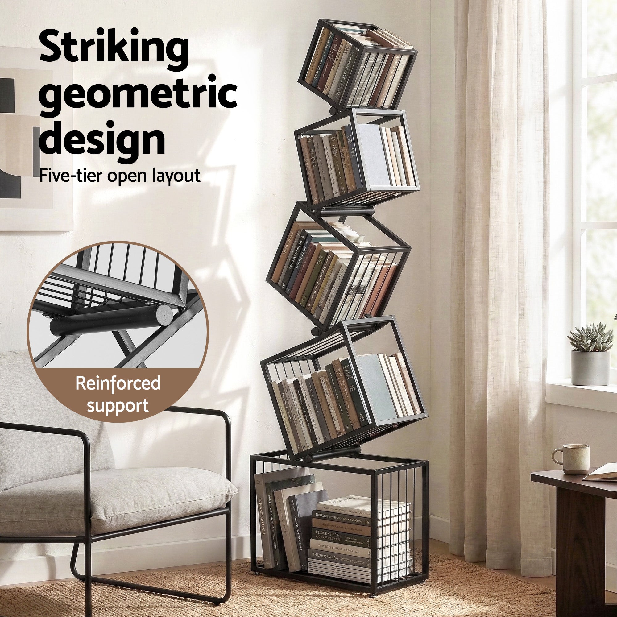 Modern 5-Tier Geometric Bookshelf Metal Display Shelf Black 181cm